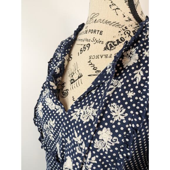 Lucky Brand Womens M Blouse Boho Cottage Navy Blue Polka Dot Ruffle Cotton Top - Picture 5 of 9